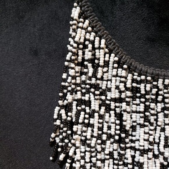 Womens Black White Glass Beaded Woven Fringe Collar Necklace with Lobster Clasp - Picture 5 of 8